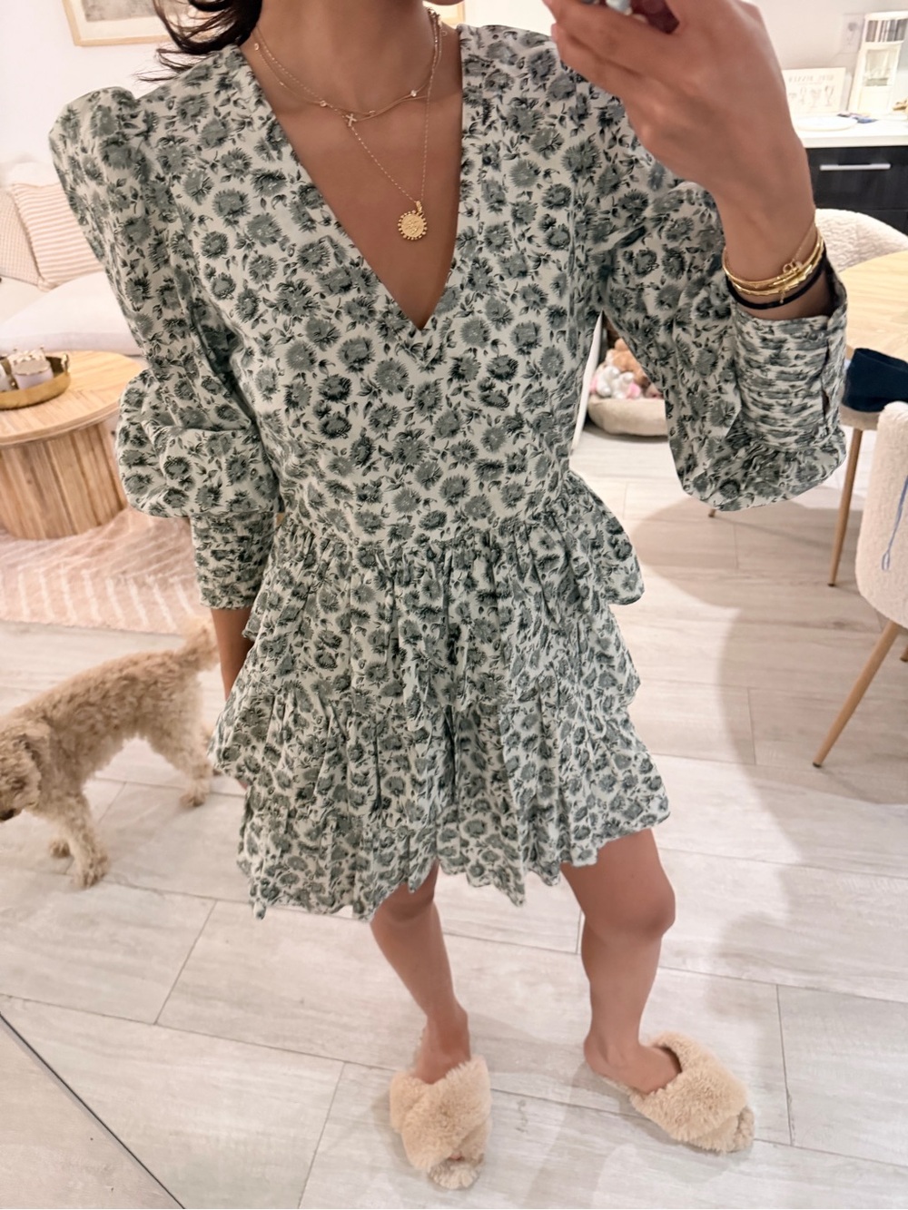 LoveShackFancy Floral Tiered Mini Dress in White and Gray